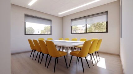 Fototapeta premium Stylish and Minimalist Office Meeting Room with Bright Yellow Chairs and Abundant Natural Light