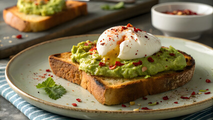 golden brown toast topped with mashed avocado and poached egg