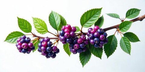 Vibrant Clusters of Purple and Pink Berries on a Lush Green Branch with Vivid Foliage, Isolated on a White Background