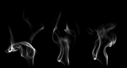 Close-up photo set of abstract white smoke or incense sticks floating on black background. Fog and clouds effect for design. Smog elements.