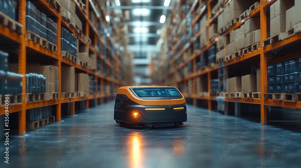 Poster An automated robot moves through a large warehouse filled with organized shelves of products. It performs sorting and inventory tasks in a streamlined environment focused on logistics.