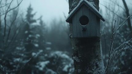 Fototapeta premium Winter birdhouse in snowy forest