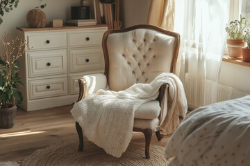 Cozy armchair with a soft blanket in a sunlit bedroom creating a warm and inviting atmosphere for relaxation and comfort in a stylish home decor