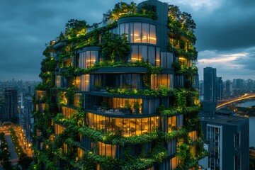 Obraz premium Modern green building stands out in urban landscape at dusk