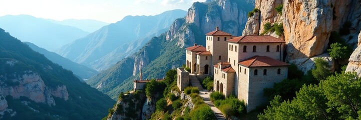 Aerial view of ancient monasteries perched precariously on cliffs in Meteora, Greece,  tourism,  architecture
