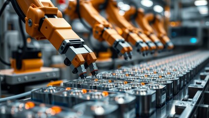 Fototapeta premium Robots assembling battery cells. Robotic arms assembling battery cells on a production line in a modern factory setting.