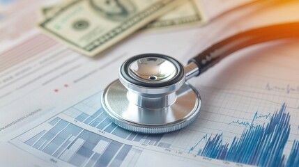 Stethoscope on Financial Documents with Dollar Bills and Graphs for Medical Business Insights