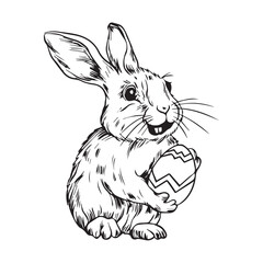 Easter bunny with easter egg in paws. Line art rabbit. Easter sign, symbol. Sketch design of rabbit. Outline character of rabbit. Vector illustration.