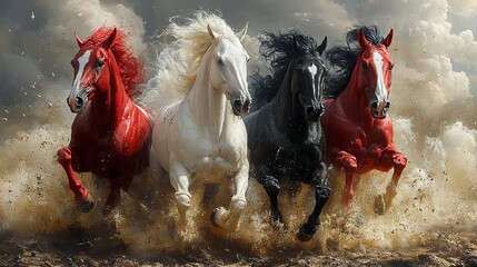 Dramatic scene of the four apocalyptic horses--white, red, black, and pale--rearing up on a desolate battlefield, the ground cracked and the sky filled with swirling clouds.  