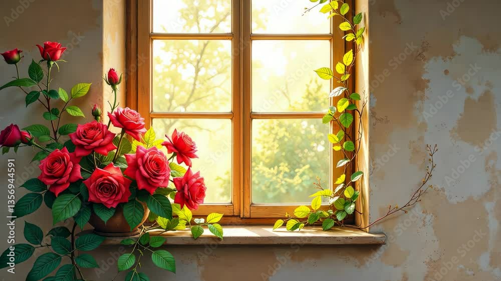 Poster a window with a bunch of red roses in it. the roses are in a vase and are placed on the window sill