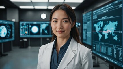 Obraz premium A Japanese female AI researcher works in artificial intelligence, science, and technology research