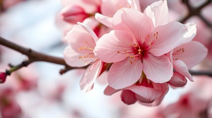 Obraz premium Close-Up of Pink Cherry Blossoms on a Branch in Spring