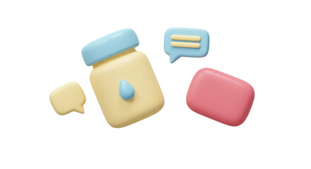 Isolated Medical Kit with Bottle, Soap, and Speech Bubbles