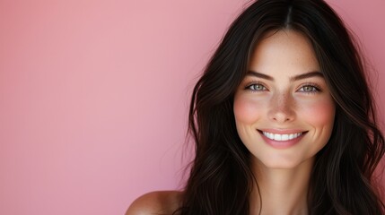 Fototapeta premium Skincare editorial shoot of a smiling brunette model with long hair in front of a pink background. 