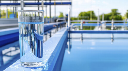 Fresh water in glass at modern water purification plant, showcasing clean technology and sustainability