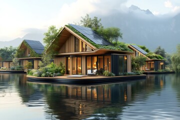 Obraz premium Floating sustainable houses with solar panels and green roof in calm lake