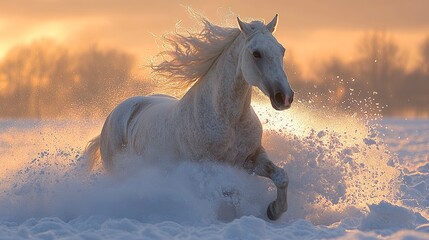 Ethereal snow-white horse galloping across a snow-covered landscape, sculpted mane trailing in the breeze, sparkling snow spraying from its powerful strides. 
