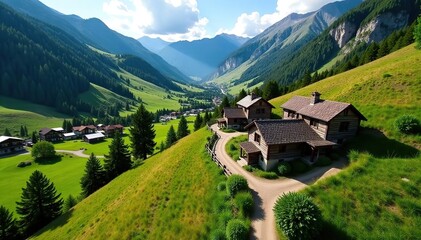 Aerial view of rustic buildings nestled in the breathtaking landscapes of Queyras valley,  peaceful,  travel