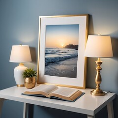 Serene Sunset Beach Scene in Gold Frame on White Desk