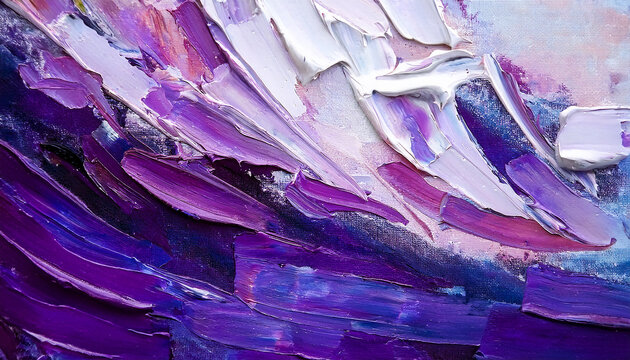 Abstract expressionist painting with dynamic mix of purple and white tones, layered textures.