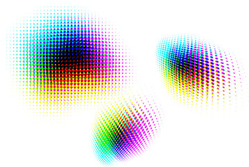 Set of dotted halftone rainbow blots with raised center. Vector.