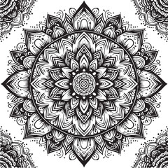 Mandala Art: A detailed black and white mandala design, symbolizing harmony, and spiritual exploration, with intricate patterns that captivate the eye.