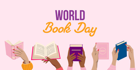 A group of people holding books and the words 