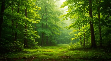 Obraz premium 緑輝く森、穏やかな光が差し込む神秘的な風景