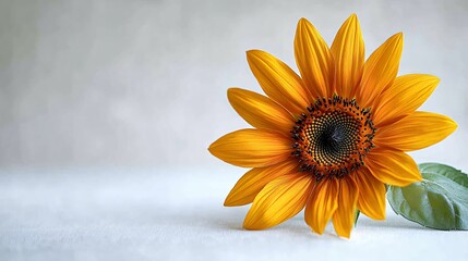 Bright sunflower with vibrant yellow petals and a detailed center against a neutral background