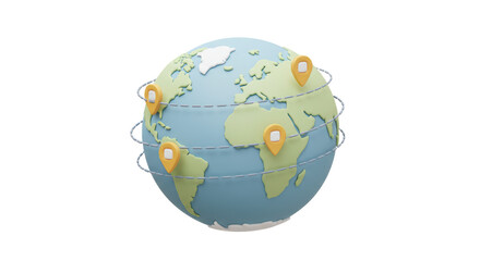 Isolated Stylized Earth Globe with Location Pins and Orbit Line