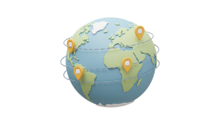 Isolated Stylized Earth Globe with Location Pins and Orbit Line