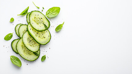 Fresh Cucumber Slices with Herbs and Pepper on White Background