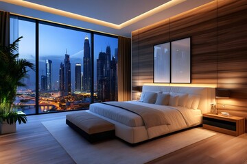 Luxurious hotel room overlooking illuminated dubai skyline at dusk