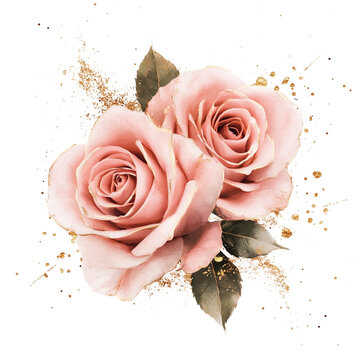 Floral, rosas com detalhes dourados e gliter em um fundo transparente