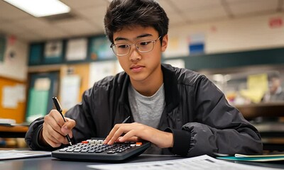 Focused Asian male student uses calculator and pen while working in a classroom setting. - Powered by Adobe