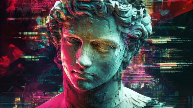 Apollo bust sculpture featuring glowing neon accents in cyberpunk style image