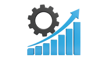 Isolated Blue Gear and Bar Graph with Upward Arrow Illustrating Business Progress