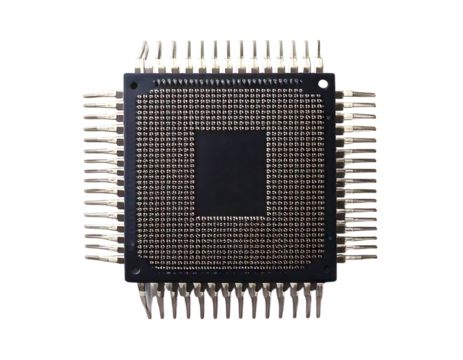 Highangle closeup shot of a microchips underside, showcasing its intricate circuitry and numerous pins.  A powerful visual metaphor for technology, innovation, and the digital age.