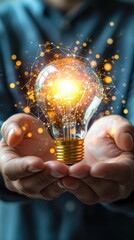 Hands holding glowing lightbulb, innovative idea, digital concept, for presentation, business