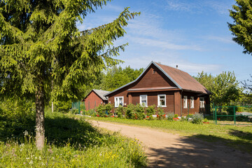 Obraz premium Cozy house in the countryside. Summer in the village. Everyday life in the village and summer holidays in the country. View of a village street and a wooden house.