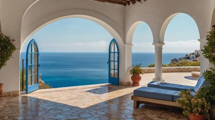 A serene coastal view from a beautiful villa featuring arched doorways and vibrant blue ocean waters.