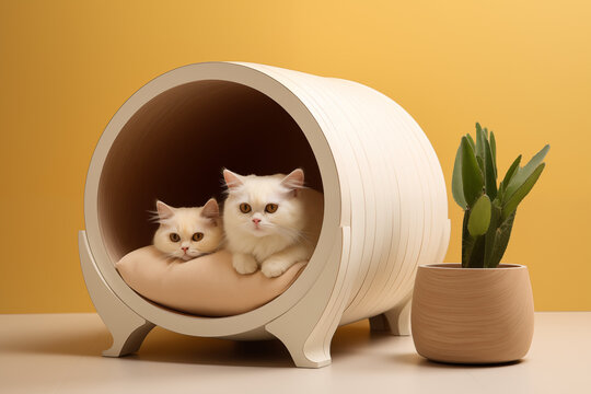 Artistic wooden cat bed with orange kittens resting on soft white cushion, emphasizing style and comfort in home decor for pets.
