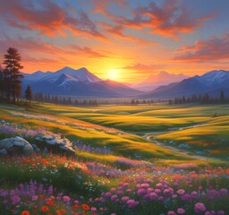 Illustration of spring landscape with field and flowers.