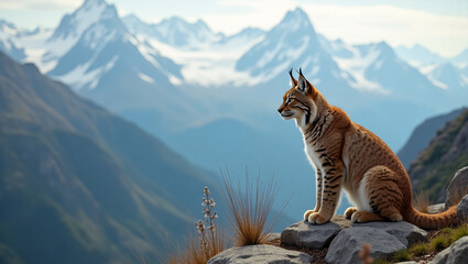 a lynx perched on a rocky outcrop, gazing out over a breathtaking mountain landscape