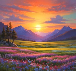 Illustration of spring landscape with field and flowers.