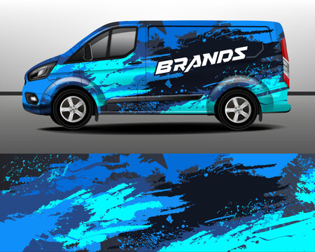 Vector design of delivery van. Car sticker. Abstract blue paint splatter on dark gray background for racing livery or vinyl decal for everyday use car. Transport branding.