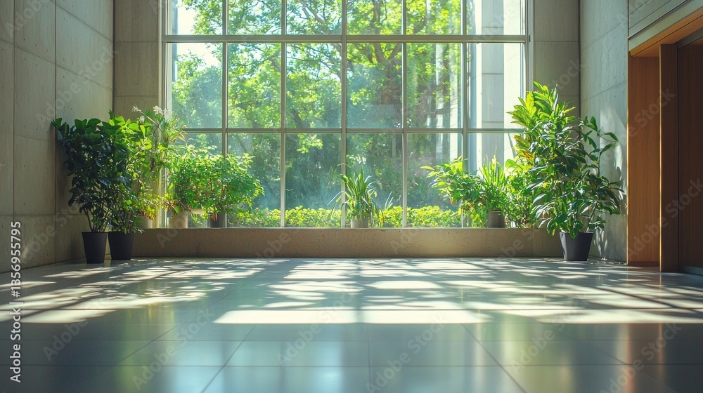 Poster bright sunlight streams through expansive windows, casting intricate shadows on the floor while vibr