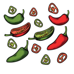 Colorful vector illustration of whole and sliced green and red jalapeño peppers, showing vibrant colors and seeds. Ideal for food packaging, restaurant menus, and spicy ingredient branding.