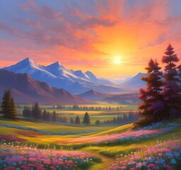 Illustration of spring landscape with field and flowers.