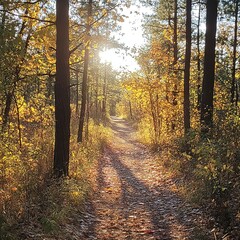 Obraz premium Golden forest trail glowing with autumn leaves illuminated by soft rays of sunlight